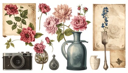 Vintage Floral Still Life with Camera and Utensils.
