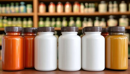 Close-up of pill bottles in different colors on a table, with shelves of supplements in the back
