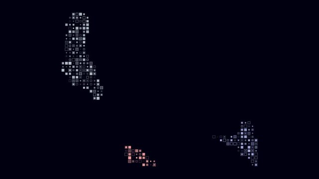 Comoros map animation. Shape of the country with pulsating colored dots. Small size square blocks. Digital style Comoros map on dark background. Awesome video.