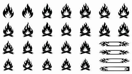 A collection of stylized black and white campfire illustrations arranged in a grid pattern with additional decorative elements