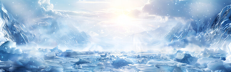 Majestic icy landscape with snow-capped mountains under bright sunny sky