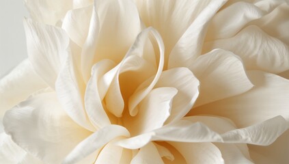 Close View of a White Flower Bloom With Many Petals on a Light Background