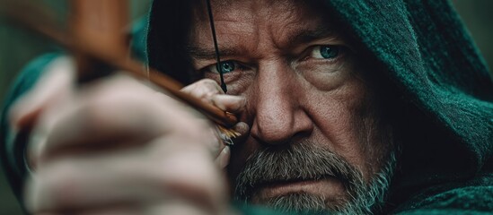 Close-up of a hooded man drawing a bow, focusing on intense blue eyes