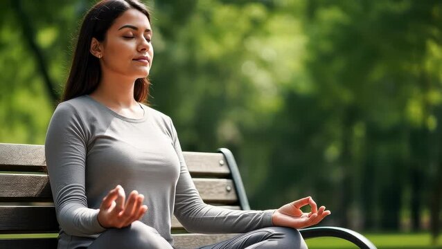 Woman practices meditation in park on a sunny day, focusing on breath and awareness during quiet moments - Powered by Adobe