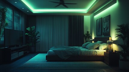 Serene bedroom ambiance with ambient green lighting and cozy interior design