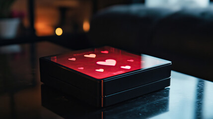 Luxurious gift box setting with soft candlelight and reflective surface