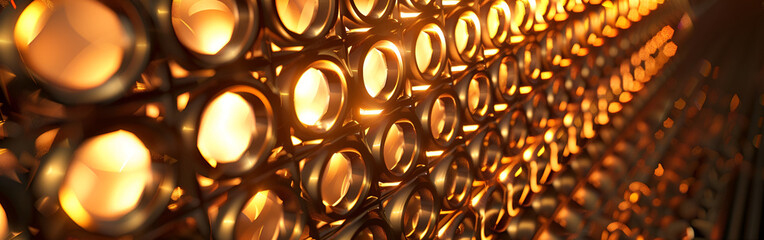 Golden metallic spheres in a grid pattern with warm lighting effects