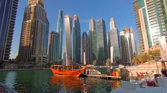 Dhow boat and Dubai Marina skyscrapers seen from Marina promenade, UAE
