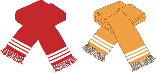 Red and orange knitted winter scarves with white stripes and fringe tassels isolated on white background for seasonal fashion advertising cozy autumn clothing and cold weather accessories