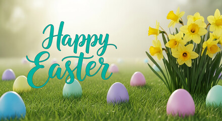 Scenic Easter image with pastel eggs, green grass, yellow daffodil. "Happy Easter" text overlaid. Symbolizing springtime, rebirth, and seasonal festivity