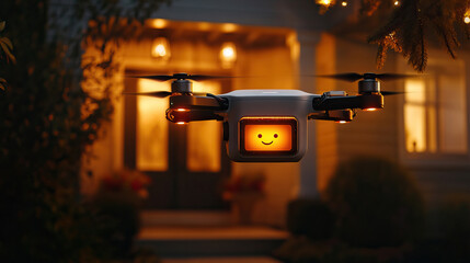 Modern delivery drone gliding above porch during peaceful twilight with festive ambiance