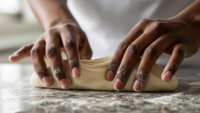 Hands knead dough in kitchen to make bread or pastry during morning hours
