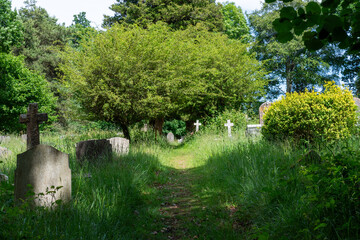 Brockenhurst, UK - May 31st 2025: Path between gravestones in St Nicholas&rsquo; Churchyard.