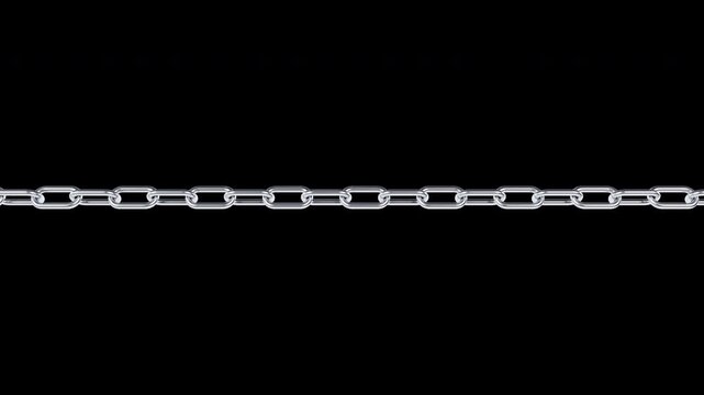 3D rendering of a long silver steel chain rotating and moving horizontally. Wide view loop.