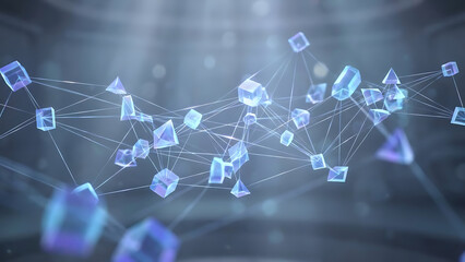 Abstract 3D illustration of transparent geometric shapes connected by lines, representing digital networks, data connections, blockchain technology, artificial intelligence.