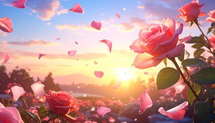 Floating rose petals at sunset over water and hills evoking romantic serenity and natural elegance