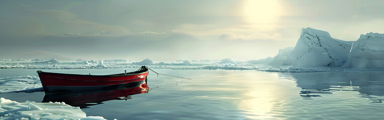 Red boat floats on icy waters amidst melting glaciers and icebergs