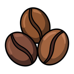 Cartoon illustration of three brown coffee beans in a triangular formation on white background
