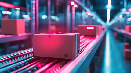 Robotic conveyor system swiftly processes parcels under vibrant lighting