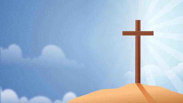 Cross with Halo conceptual abstract backdrop in the desert mountain 4K with sunny sky Colorful background seamless Loop good Friday concept art