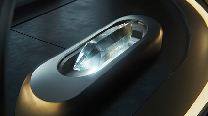 Shimmering mineral capsule rests upon scorched volcanic landscape with fractured surfaces