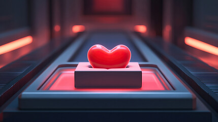 Sleek metallic stand highlights futuristic valentine with dramatic lighting effects