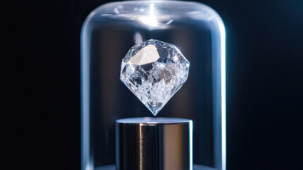 Sleek modern display featuring luminous blue gemstone enclosed in protective glass case