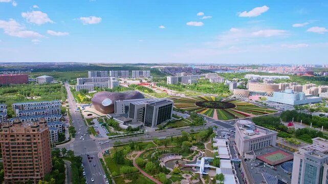 Aerial view of Two Steeds Square in Kangbashi New District, Ordos, Inner Mongolia, China