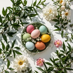 Pink Flowers and Decorative Eggs Arranged in a Springtime Display for Easter Celebrations