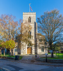 Church Street, Poole, UK - November 17th 2025: Entrance to the current Anglican parish church of St. James.