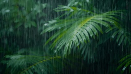 Heavy Rain Falls on Green Palm Leaves in a Forest Setting During a Tropical Storm