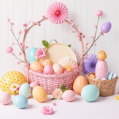 Colorful Eggs and Baskets Arranged for Spring Celebration in Bright Setting