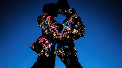 Two luminous cyborgs connect amid electric neon and holographic sparks