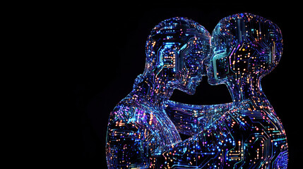 Two luminous cyborgs connect amid electric neon and holographic sparks