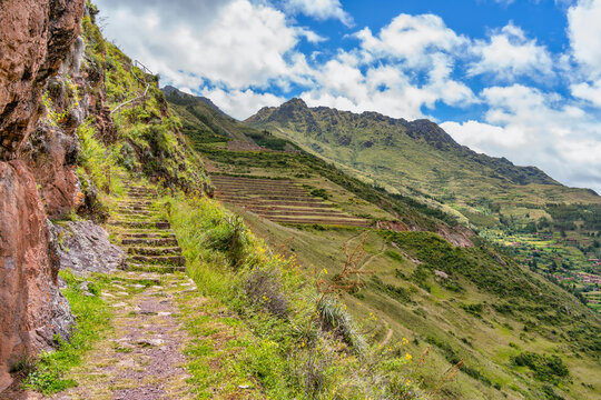 A hiking trail offering panoramic view with the Sacred Valley from the Pisac archaeological site in the Peruvian Andes.