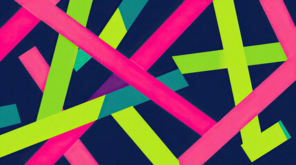 Vibrant neon green and pink shapes create striking visual impact with teal accents