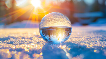 Crystal ball on snowy ground reflecting sunset with warm light and lens flares