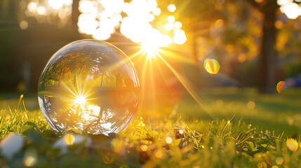 Crystal ball reflecting sunny park scene with vibrant green grass and trees
