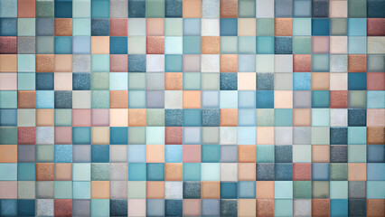 Abstract pattern of square tiles in various pastel colors and metallic accents. Geometric design with a muted color palette. creating a modern and neutral aesthetic.