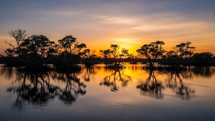 Obraz premium Beautiful sunset casting a warm glow over a serene lake with silhouetted trees and their reflections