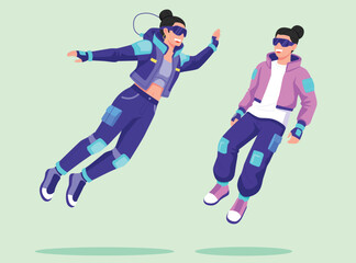 happy man and woman in futuristic cyberpunk fashion floating. Featuring VR goggles and neon accents, representing metaverse, virtual reality, gaming, and digital technology lifestyle concepts