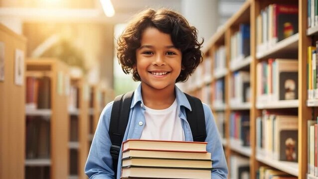 Child carries books in a library with bright shelves and smiling face on a sunny afternoon