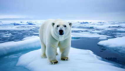 A large polar bear stands on a piece of ice, gazing directly forward in the freezing arctic