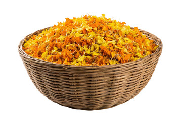 Wicker basket filled with fresh orange and yellow marigold flower petals