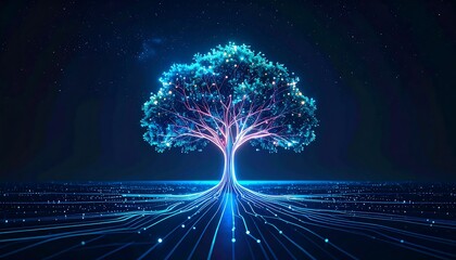 Glowing Digital Tree of Life with Futuristic Roots and Branches.