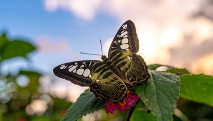 Close-up of a Beautiful Clipper Butterfly Resting on a Green Leaf with a Soft Sky Background.