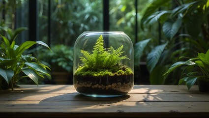 Obraz premium Terrarium with Fern on Wooden Table in Greenhouse