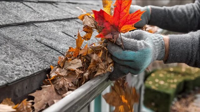 Medium shot of a professional clearing leaves from a halfround roof gutter emphasizing preventive maintenance to stop water overflow and protect the building structure.