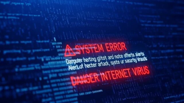 Digital screen displaying error message and warning of system virus in a dark blue technological environment from a close-up viewpoint