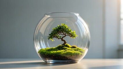 Obraz premium Miniature Bonsai Tree in Glass Terrarium Decoration